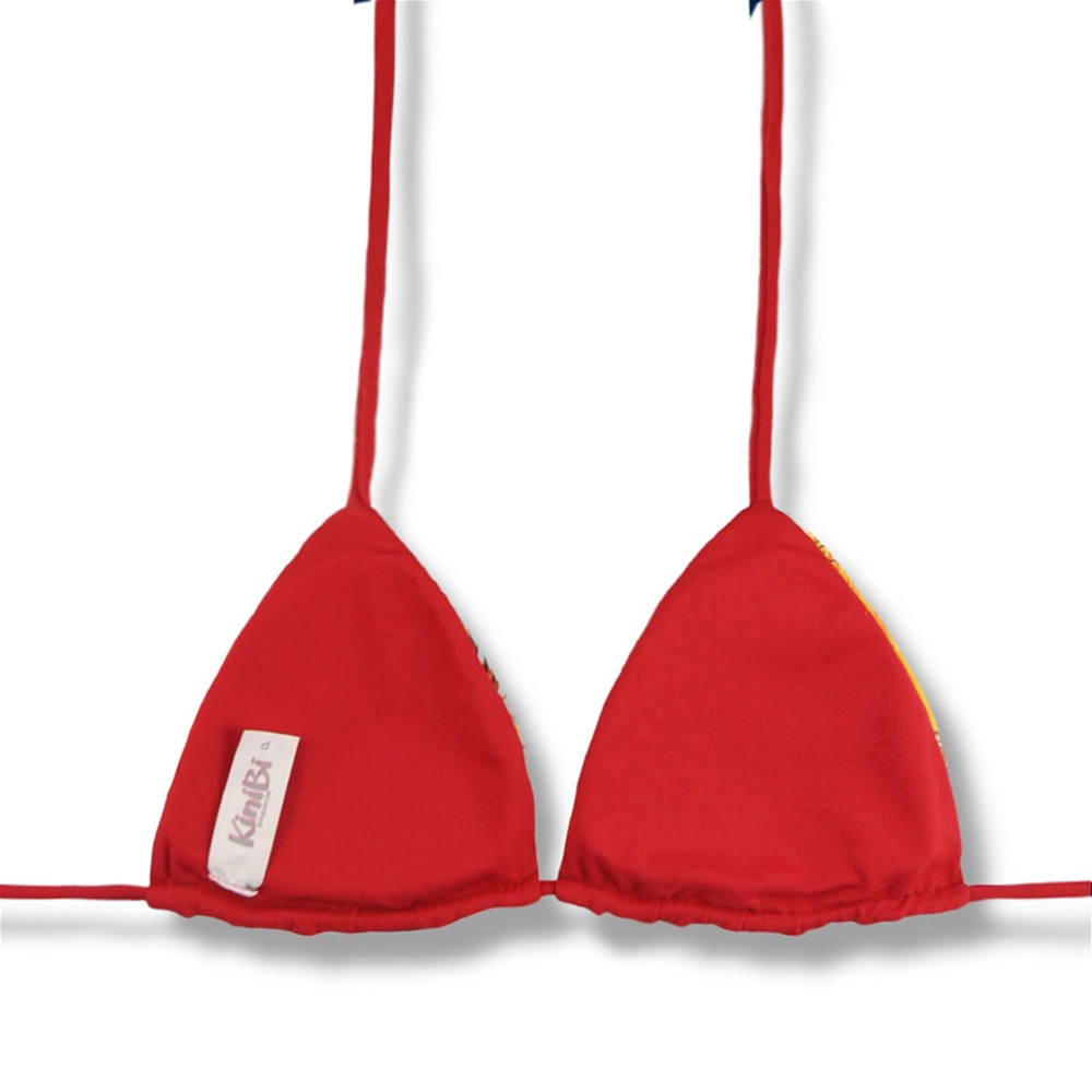 Top Lua Amarelo Tropical | Cortininha com Bojo | Dupla Face Vermelho Carmim | Reversível | Amarração nas Costas e Pescoço | Biquíni Estampado