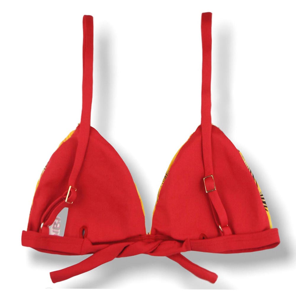 Top Jade Amarelo Tropical | Cortininha Triângulo Fixo | Estilo Sutiã com Amarração nas Costas | Alças com Regulagem | Biquíni Estampado | Detalhes Vermelho Carmim