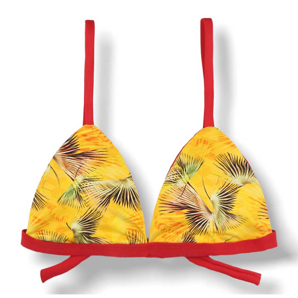 Top Jade Amarelo Tropical | Cortininha Triângulo Fixo | Estilo Sutiã com Amarração nas Costas | Alças com Regulagem | Biquíni Estampado | Detalhes Vermelho Carmim