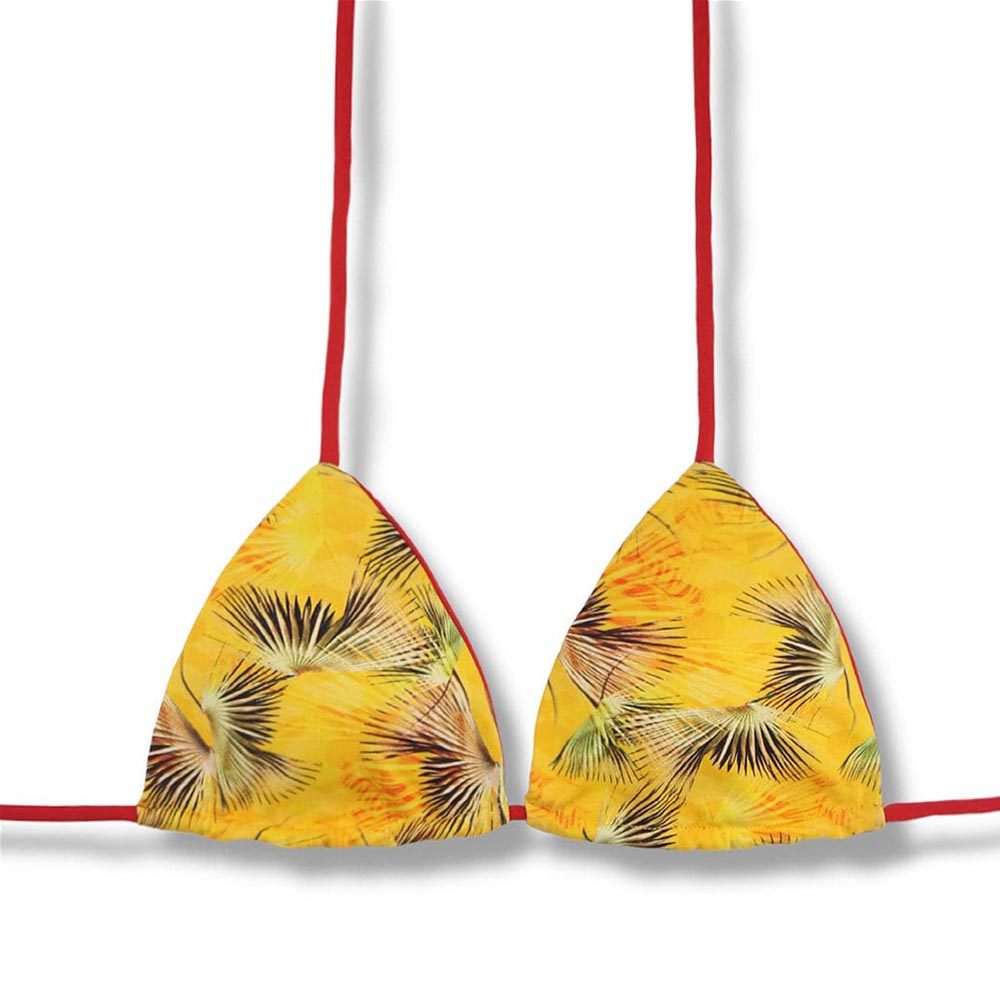 Top Lua Amarelo Tropical | Cortininha com Bojo | Dupla Face Vermelho Carmim | Reversível | Amarração nas Costas e Pescoço | Biquíni Estampado