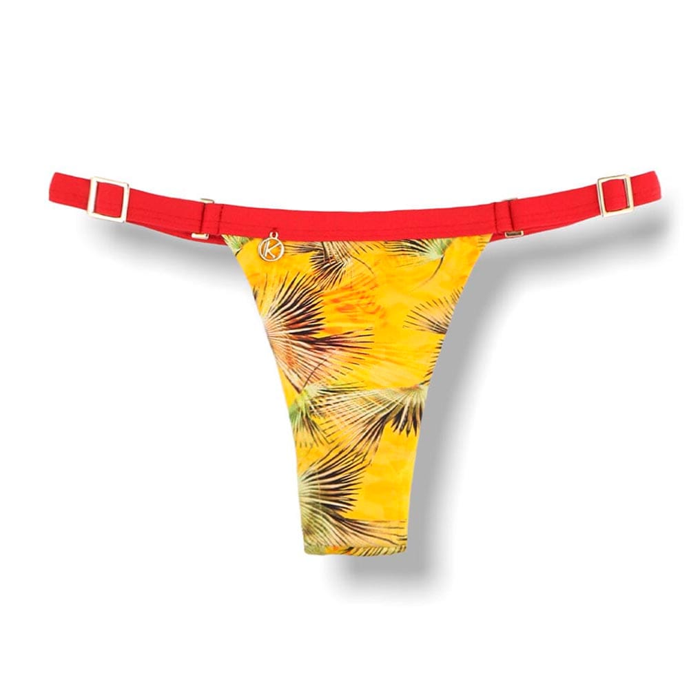 Tanga Fany Amarelo Tropical | Biquíni Estampado Semi Fio Marquinha de Fita | Regulável | Detalhe Vermelho Carmim