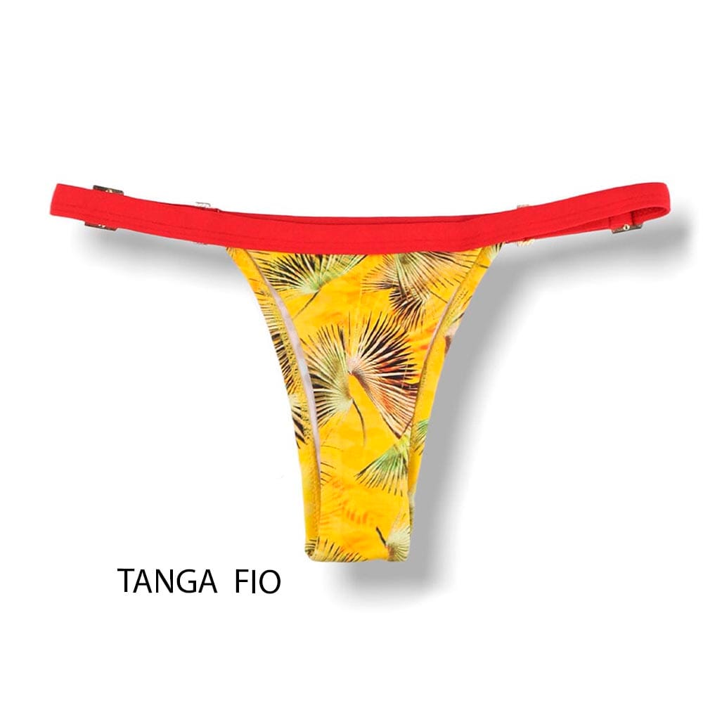 Tanga Fany Amarelo Tropical | Biquíni Estampado Semi Fio Marquinha de Fita | Regulável | Detalhe Vermelho Carmim