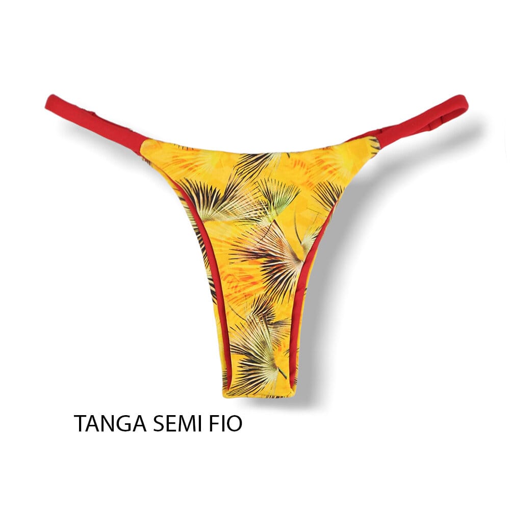 Tanga Mia Amarelo Tropical | Biquíni Estampado | Semi Fio | Tira Fina Regulável | Marquinha de Fita | Detalhe Vermelho Carmim