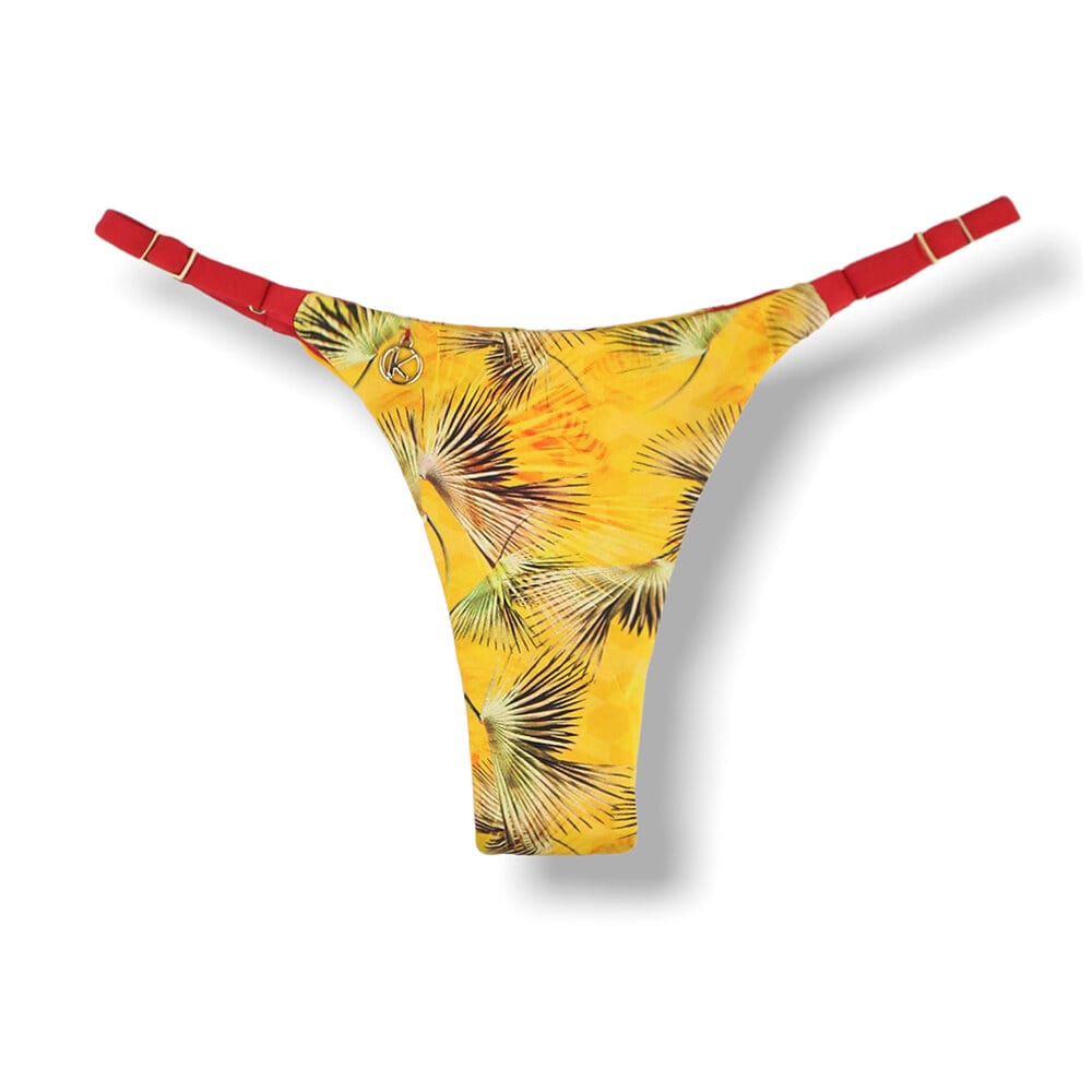 Tanga Mia Amarelo Tropical | Biquíni Estampado | Semi Fio | Tira Fina Regulável | Marquinha de Fita | Detalhe Vermelho Carmim