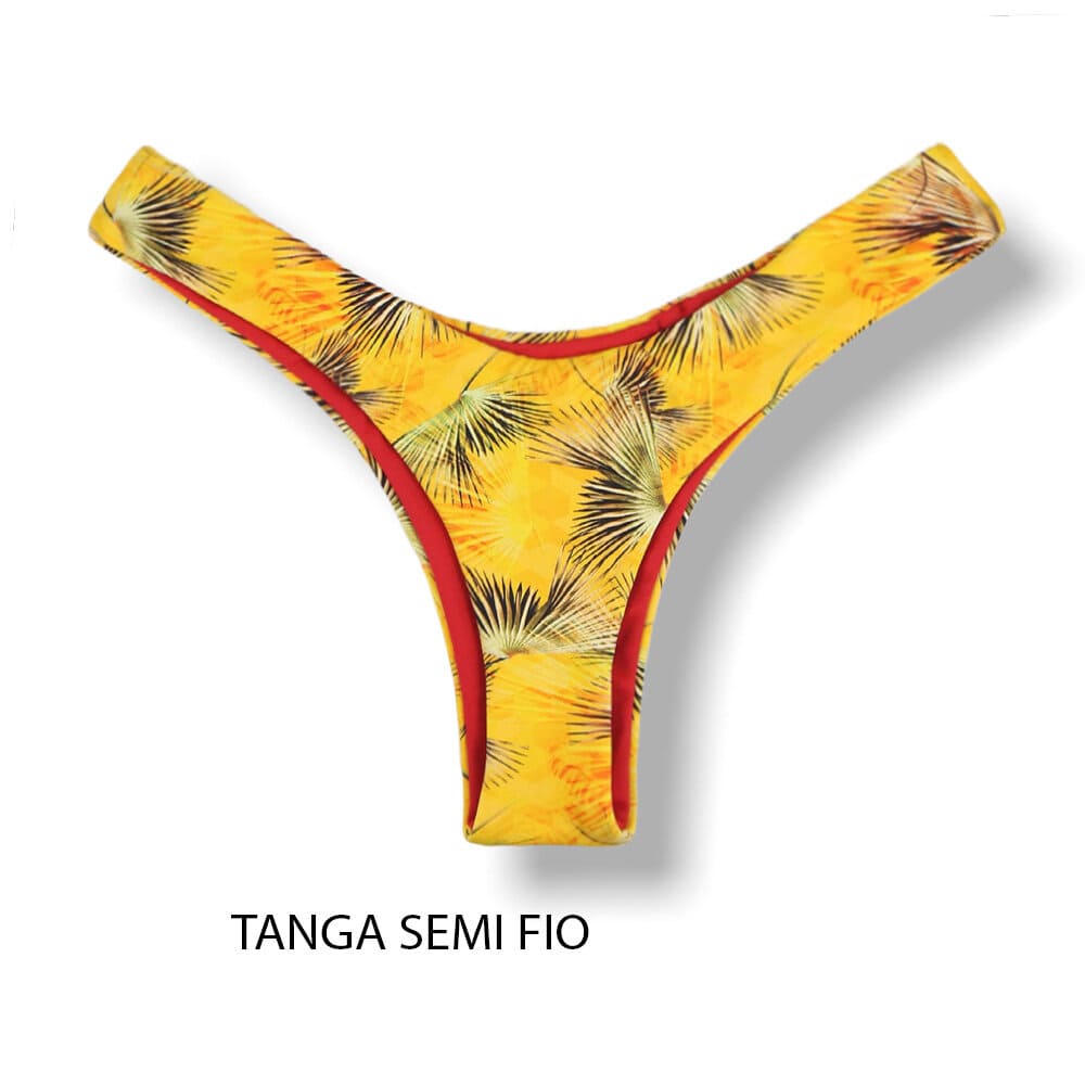 Tanga Eva Amarelo Tropical | Biquíni Estampado Semi Fio Asa Delta | Aviador | Dupla Face Vermelho Carmim | Reversível