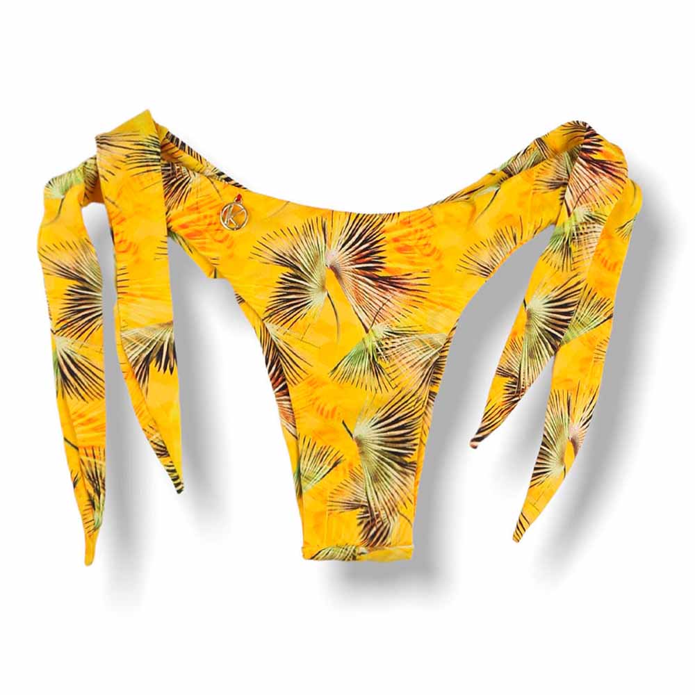 Tanga Mora Amarelo Tropical | Biquíni Estampado Fio Duplo | Empina Bumbum | Amarração Lateral Larga | Detalhe Interno Vermelho Carmim