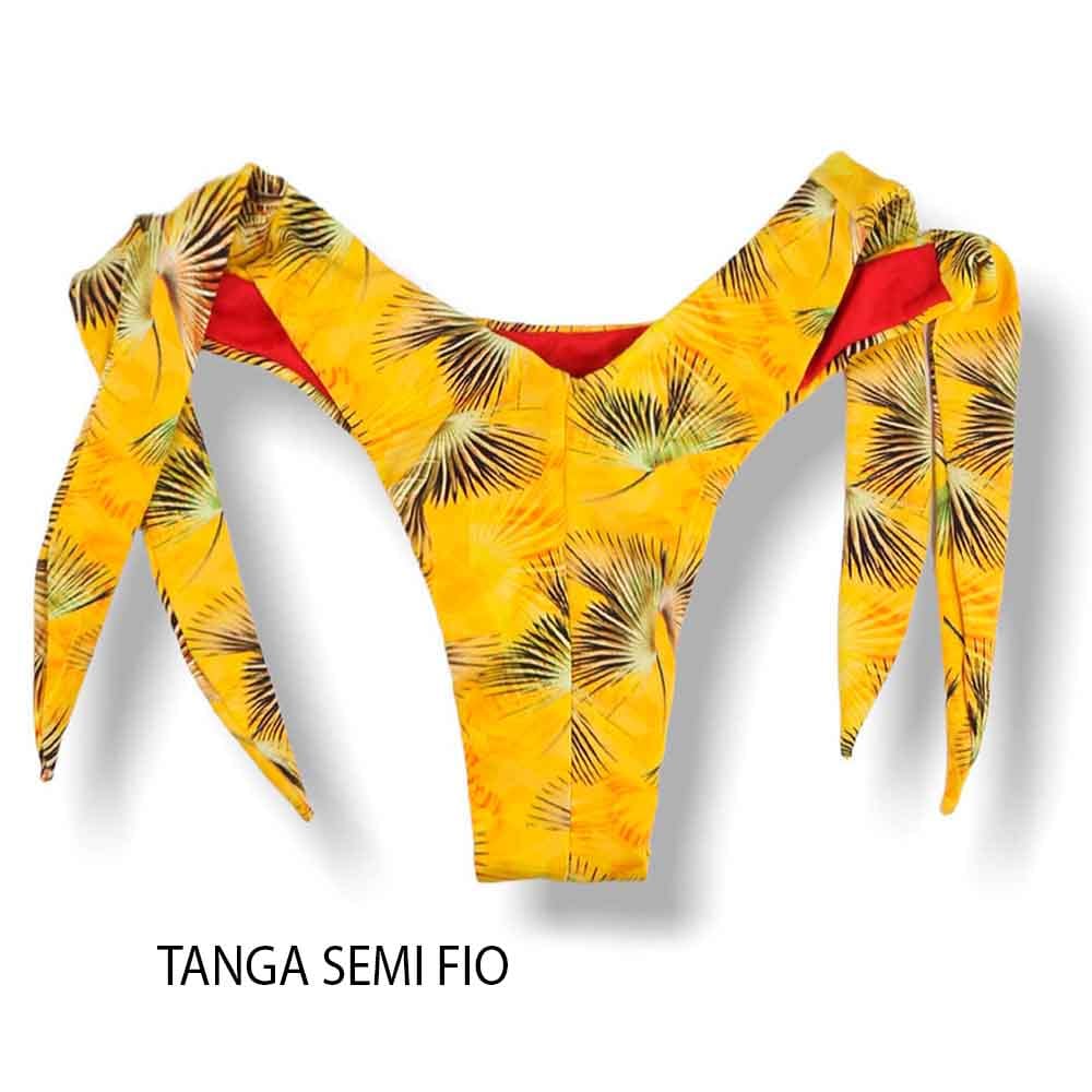 Tanga Mora Amarelo Tropical | Biquíni Estampado Fio Duplo | Empina Bumbum | Amarração Lateral Larga | Detalhe Interno Vermelho Carmim