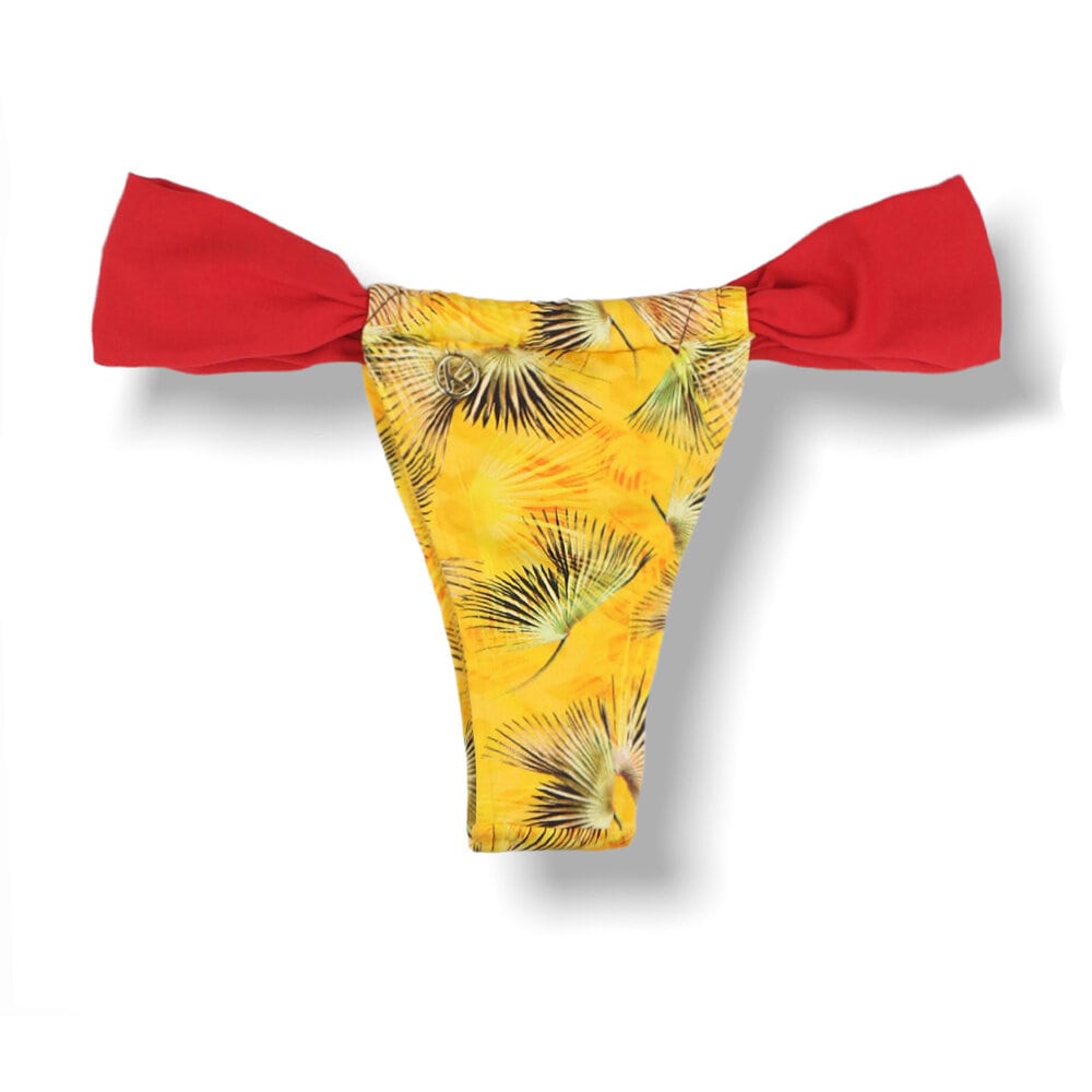 Tanga Gali Amarelo Tropical | Biquíni Estampado | Fio Dental | Cortininha Regulável | Detalhe Vermelho Carmim