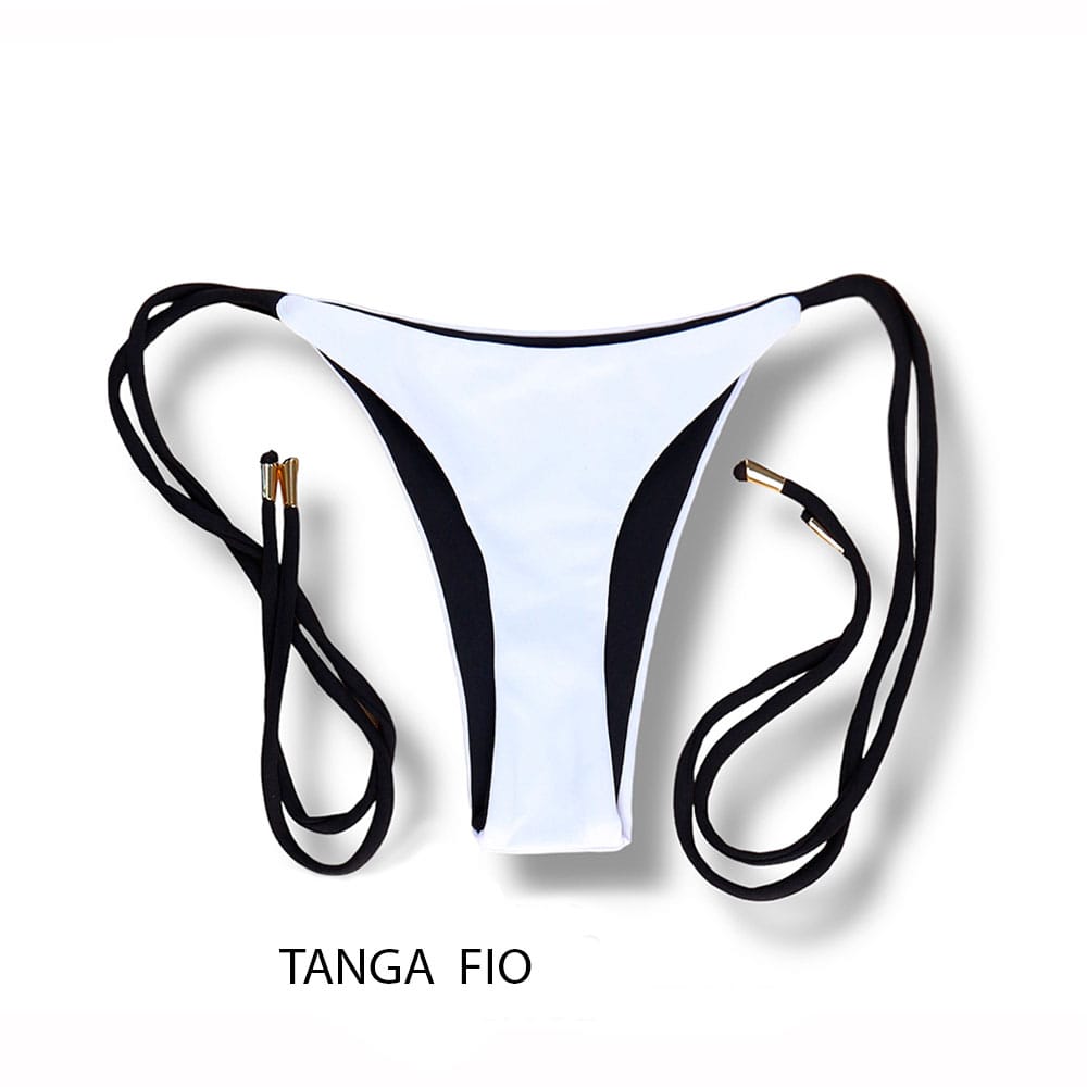 Conjunto de Biquíni Black and White | Top Lua + Tanga Cora | Top Dupla Face com Bojo Embutido | Tanga Dupla Face com Laço Fio Dental