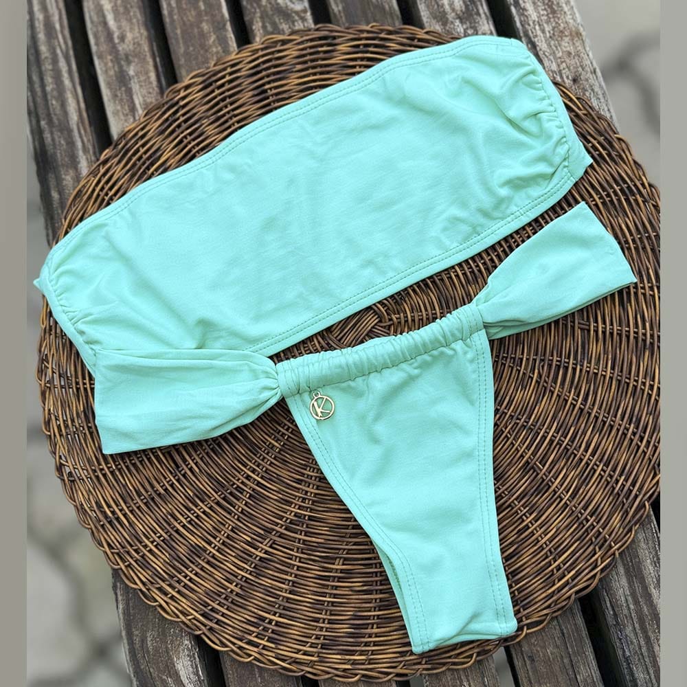 Conjunto de biquíni Verde Mint | Top Faixa + Tanga Gali | Tanga cortininha lateral com a opção de deixar mais larga | Top faixa amarração nas costas