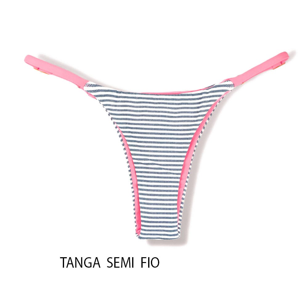 Conjunto de biquíni Denim com a combinação Rosa Iogurte | Top Lua + Tanga Mia | Top Lua vem com o bojo embutido sendo dupla face | Tanga semi fio com regulador na lateral