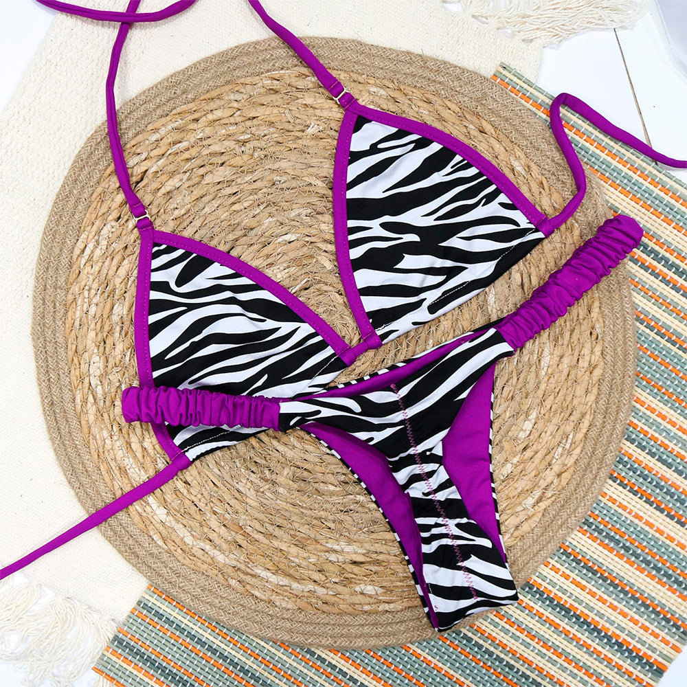 Conjunto de biquíni Zebra com a combinação Uva | Top Mila + Tanga Flora