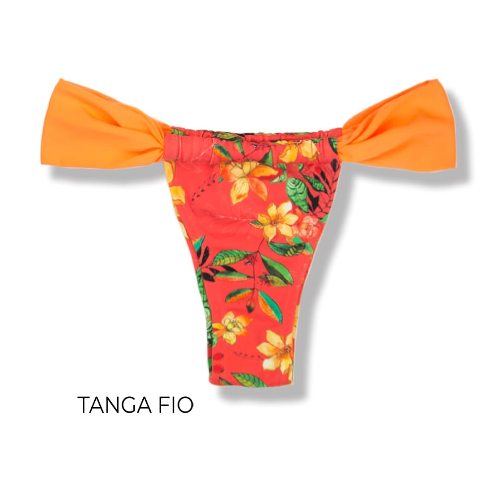 Tanga Gali Floral Coral | Biquíni Estampado | Fio Dental | Cortininha Regulável | Detalhe Laranja