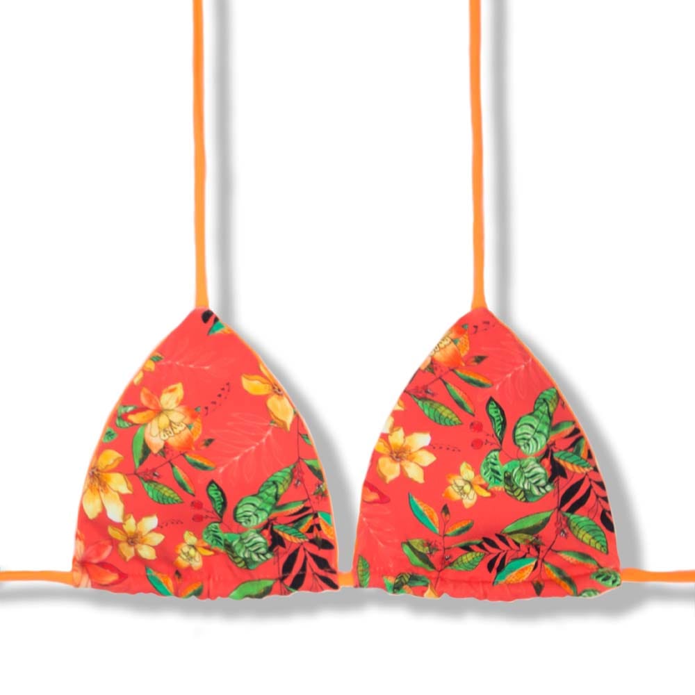 Top Lua Floral Coral | Cortininha com Bojo | Dupla Face Laranja | Reversível | Amarração nas Costas e Pescoço | Biquíni Estampado