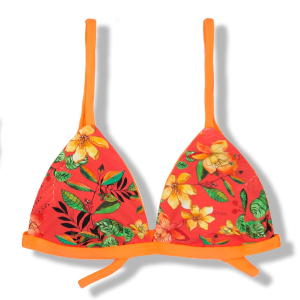 Top Jade Floral Coral | Cortininha Triângulo Fixo | Estilo Sutiã com Amarração nas Costas | Alças ajustáveis | Biquíni Estampado | Detalhe em Laranja Neon