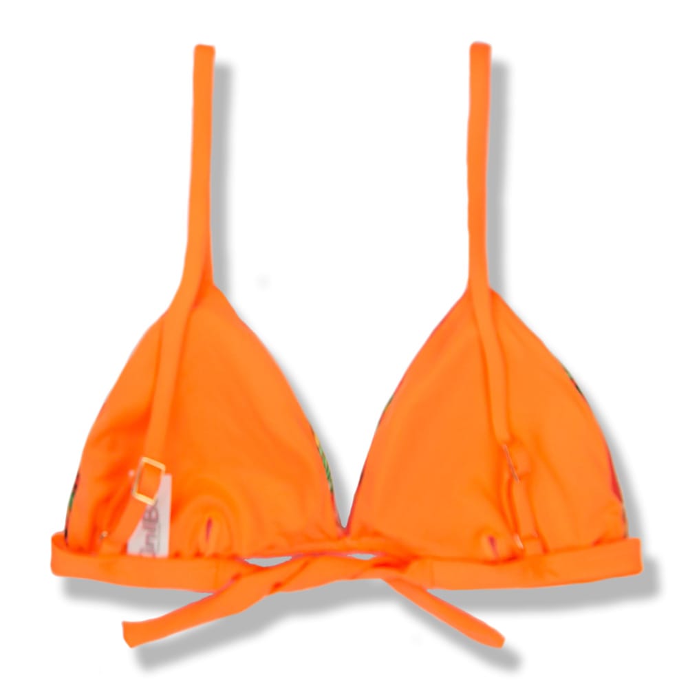 Top Jade Floral Coral | Cortininha Triângulo Fixo | Estilo Sutiã com Amarração nas Costas | Alças ajustáveis | Biquíni Estampado | Detalhe em Laranja Neon