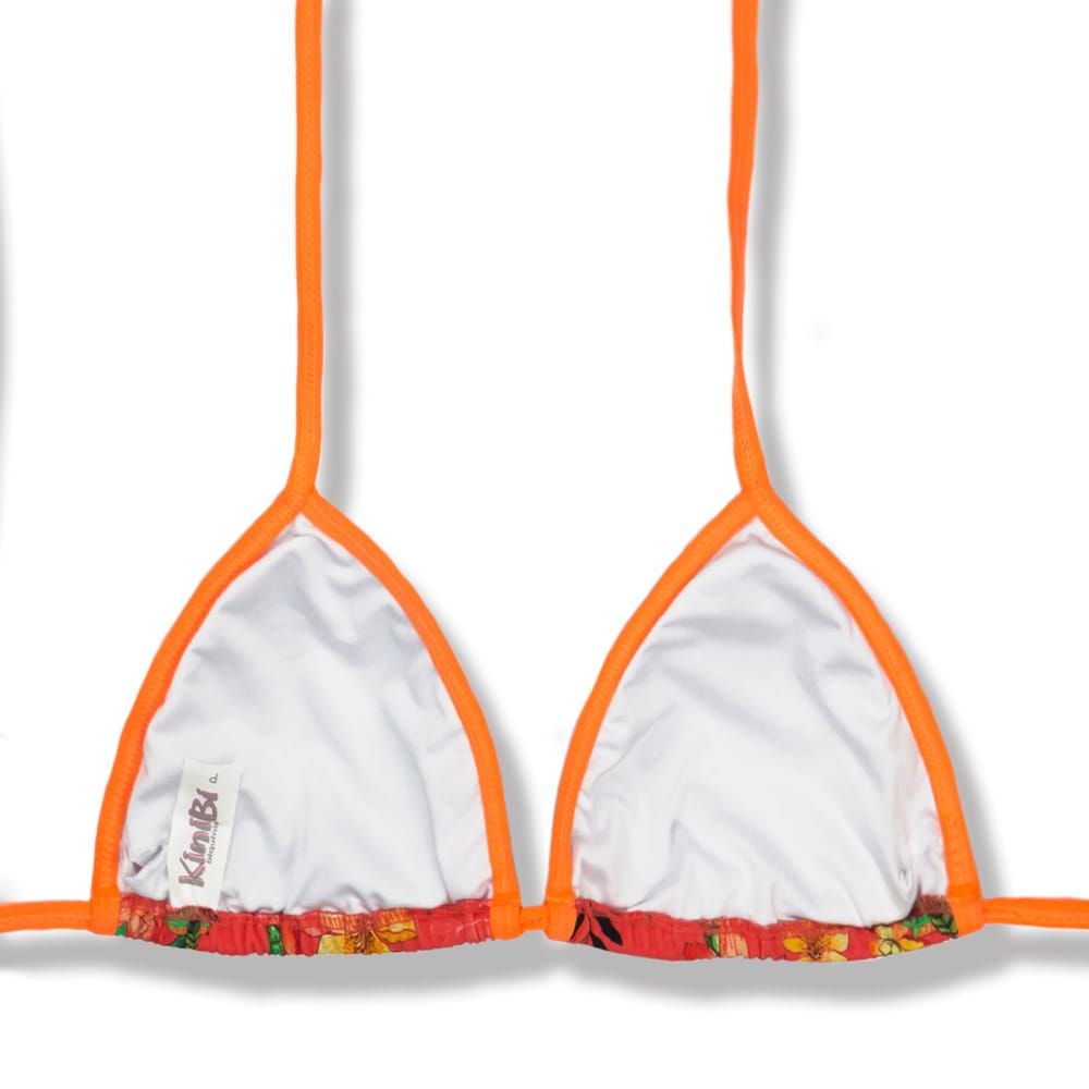 Top Mara Floral Coral | Detalhes Laranja Neon | Cortininha com viés | Amarração nas Costas e Pescoço
