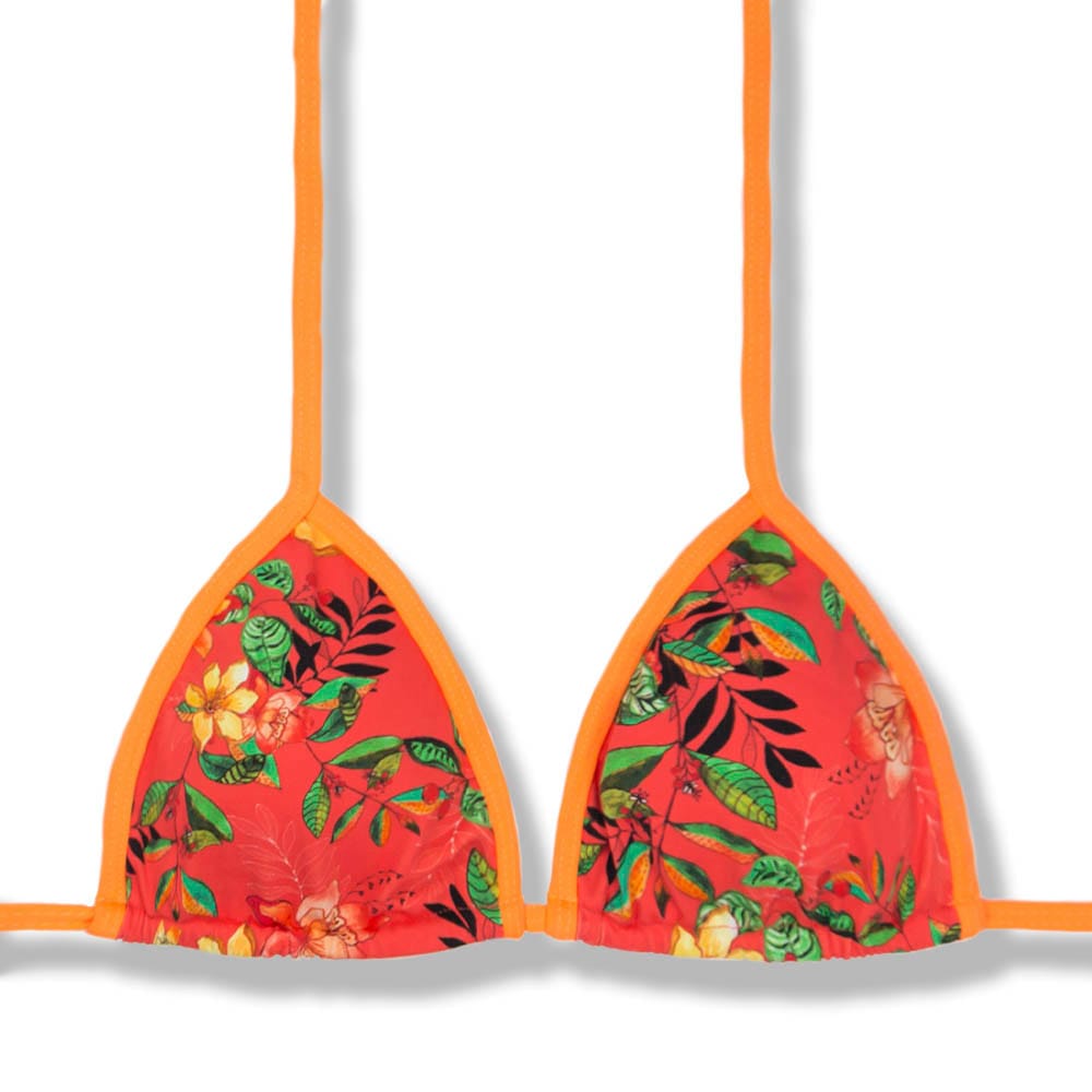 Top Mara Floral Coral | Detalhes Laranja Neon | Cortininha com viés | Amarração nas Costas e Pescoço