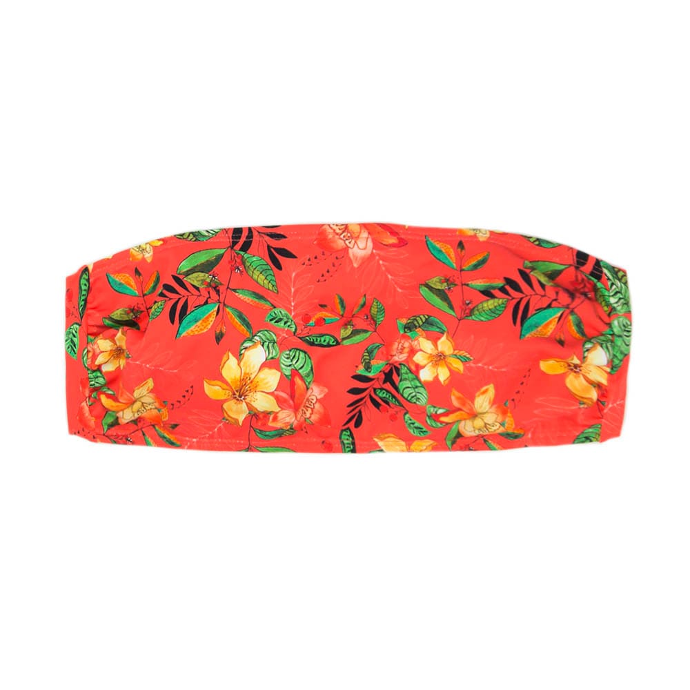 Top Faixa Floral Coral | Tomara que Caia de Amarrar nas Costas | Biquini Estampado | Forrado | Sem Bojo
