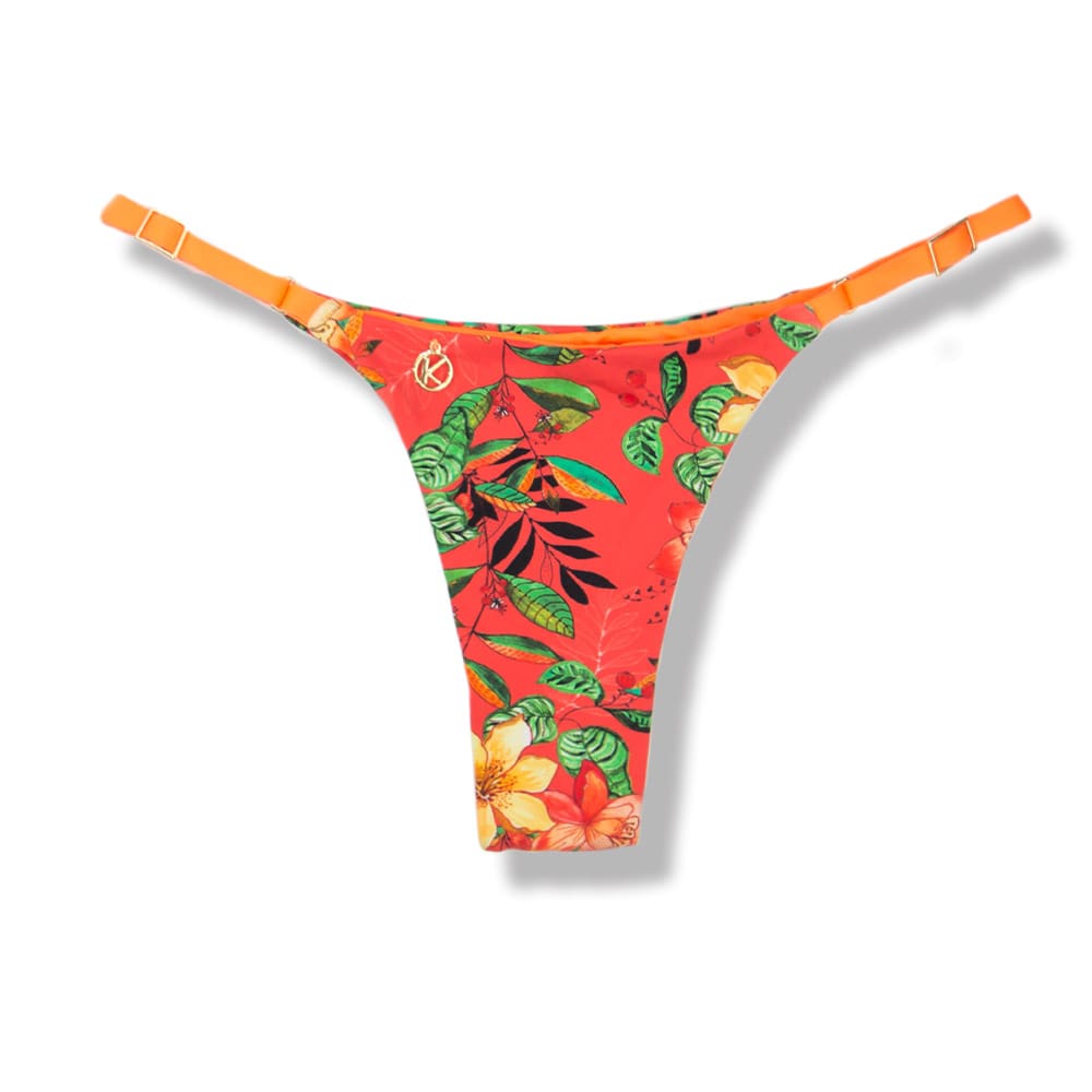 Tanga Mia Floral Coral | Biquíni Estampado | Semi Fio | Tira Fina Regulável | Marquinha de Fita | Detalhe Laranja