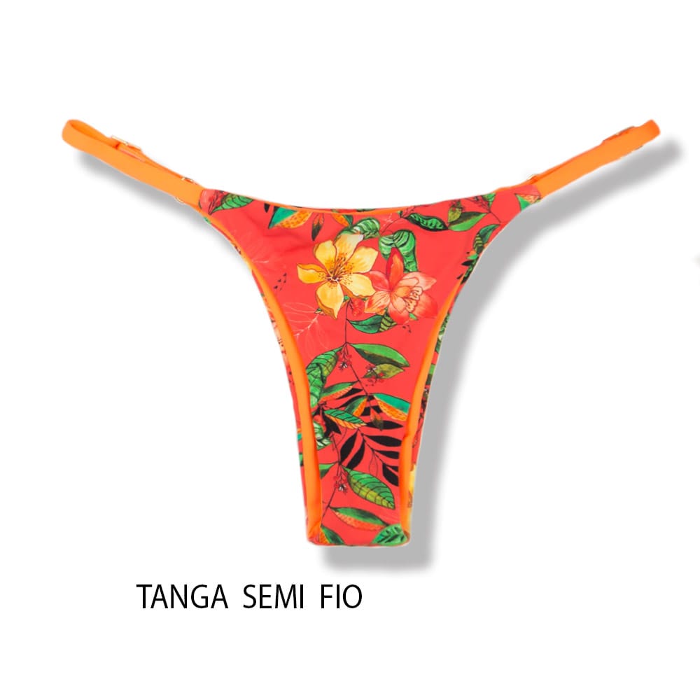 Tanga Mia Floral Coral | Biquíni Estampado | Semi Fio | Tira Fina Regulável | Marquinha de Fita | Detalhe Laranja