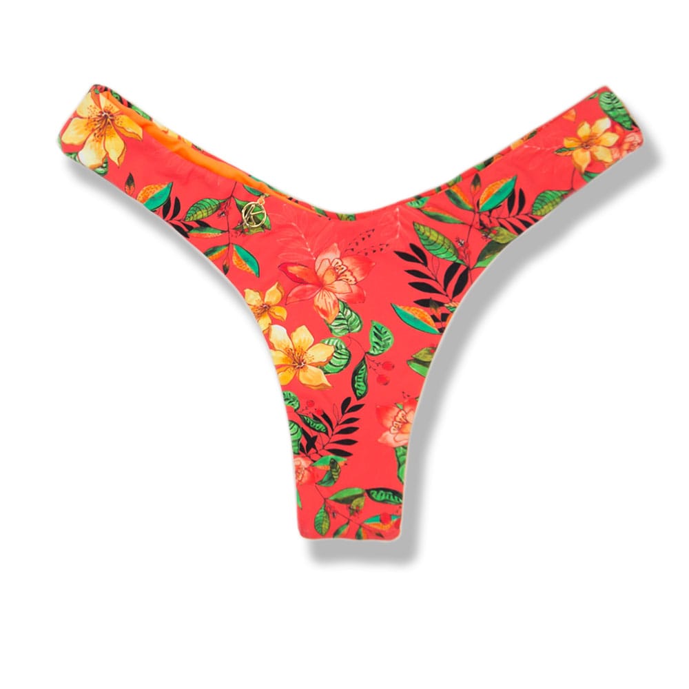 Tanga Eva Floral Coral | Biquíni Estampado Semi Fio Asa Delta | Aviador | Dupla Face Laranja | Reversível