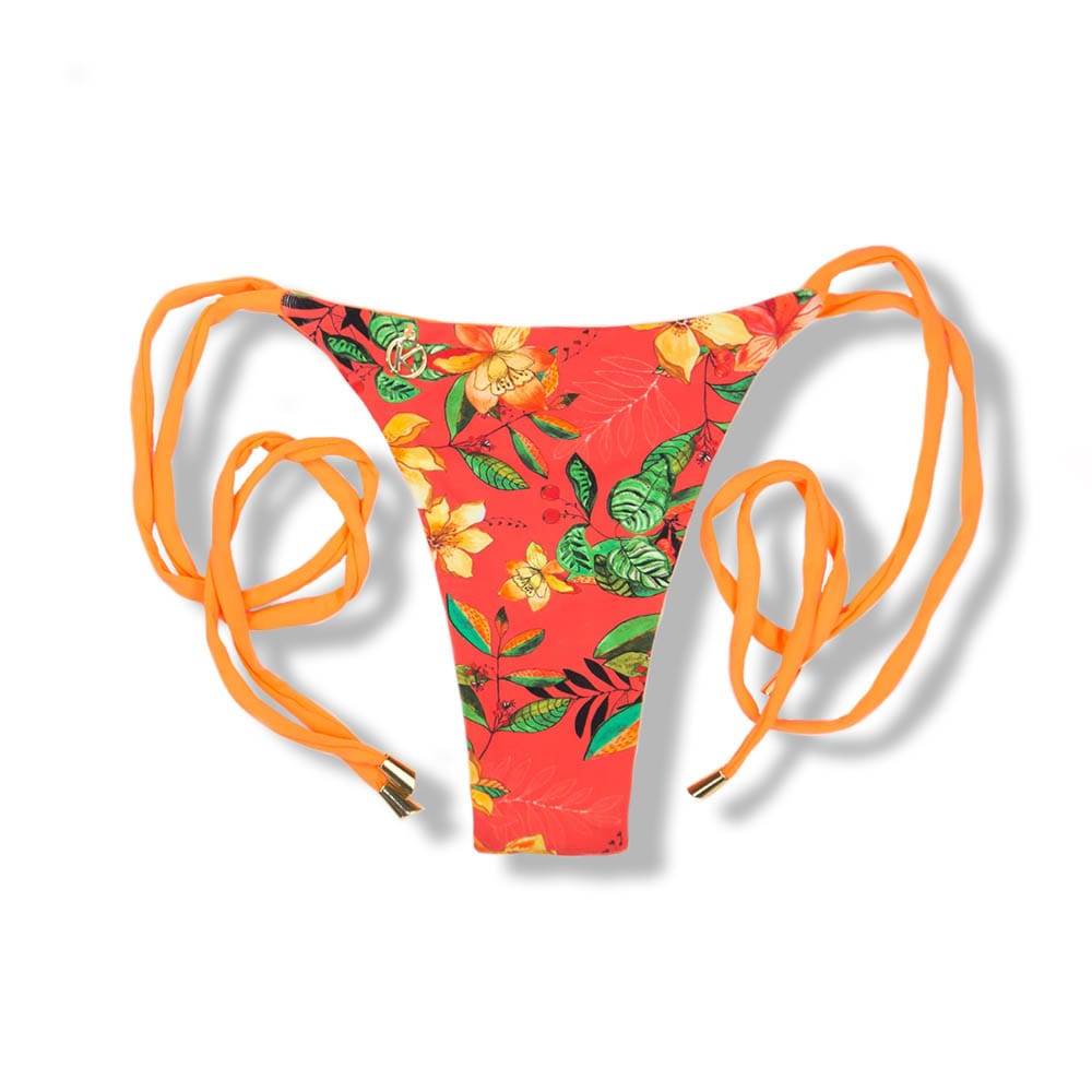 Tanga Cora Floral Coral | Biquíni Estampado | Fio Dental com Laço para Amarrar | Dupla Face Laranja Neon| Reversível