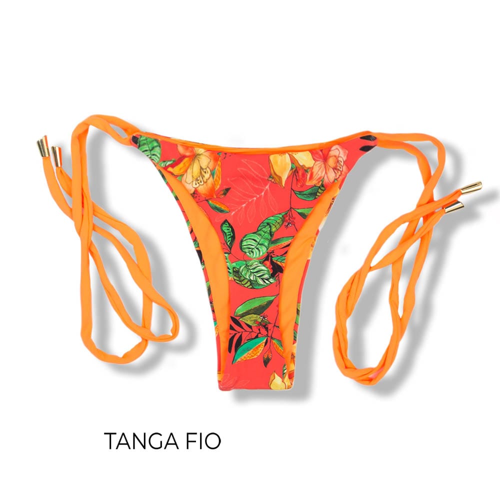 Tanga Cora Floral Coral | Biquíni Estampado | Fio Dental com Laço para Amarrar | Dupla Face Laranja Neon| Reversível