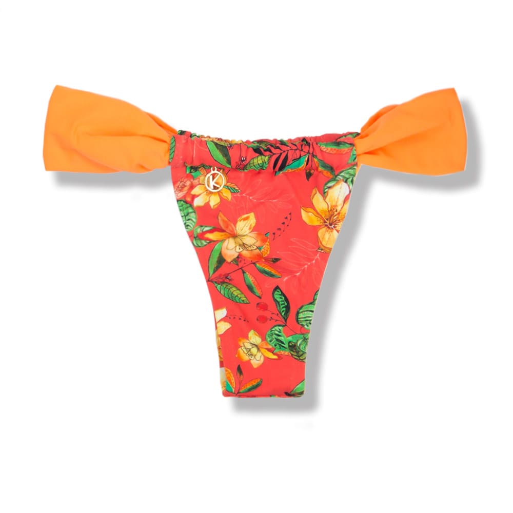 Tanga Gali Floral Coral | Biquíni Estampado | Fio Dental | Cortininha Regulável | Detalhe Laranja