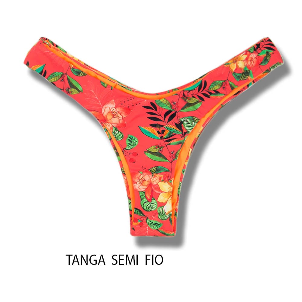 Tanga Eva Floral Coral | Biquíni Estampado Semi Fio Asa Delta | Aviador | Dupla Face Laranja | Reversível