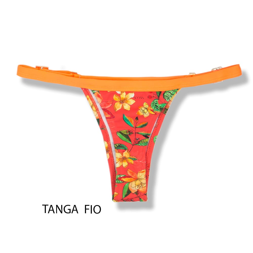 Tanga Fany Floral Coral | Biquíni Estampado | Tanga Fio Dental | Marquinha de Fita | Regulável | Detalhe Laranja Neon