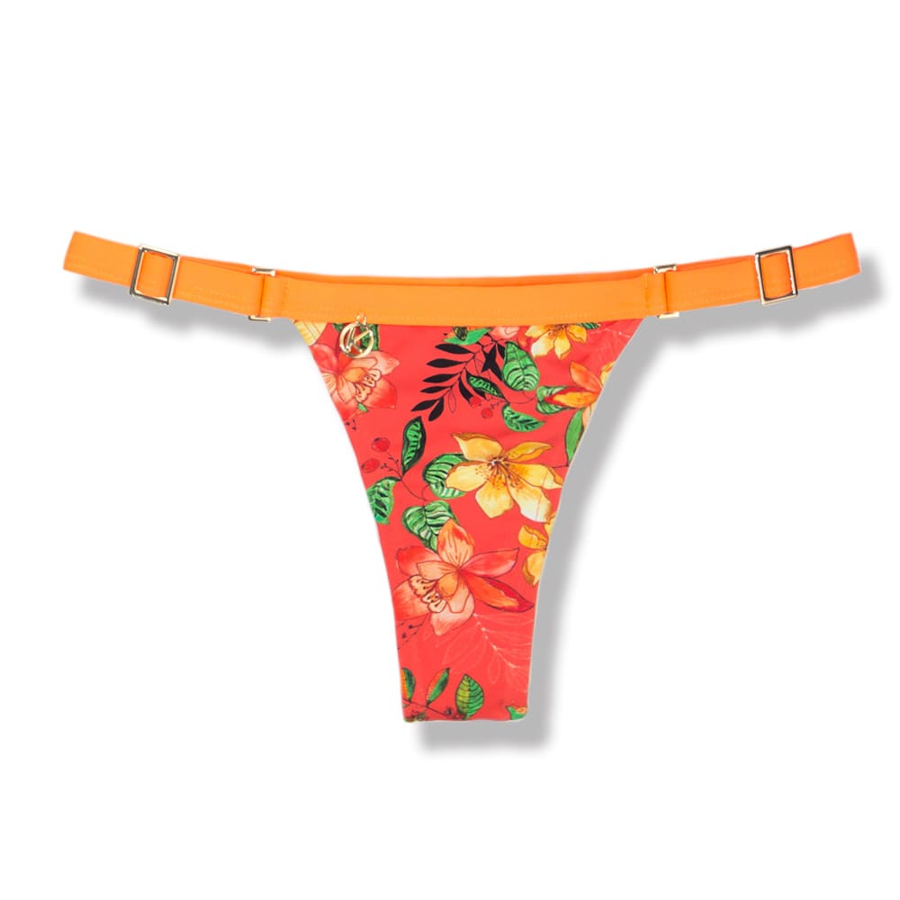 Tanga Fany Floral Coral | Biquíni Estampado | Tanga Fio Dental | Marquinha de Fita | Regulável | Detalhe Laranja Neon
