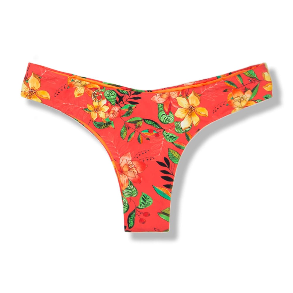 Tanga Isa Floral Coral | Biquíni Estampado | Semi Fio Ripple | Levanta Bumbum | Dupla Face Laranja | Reversível