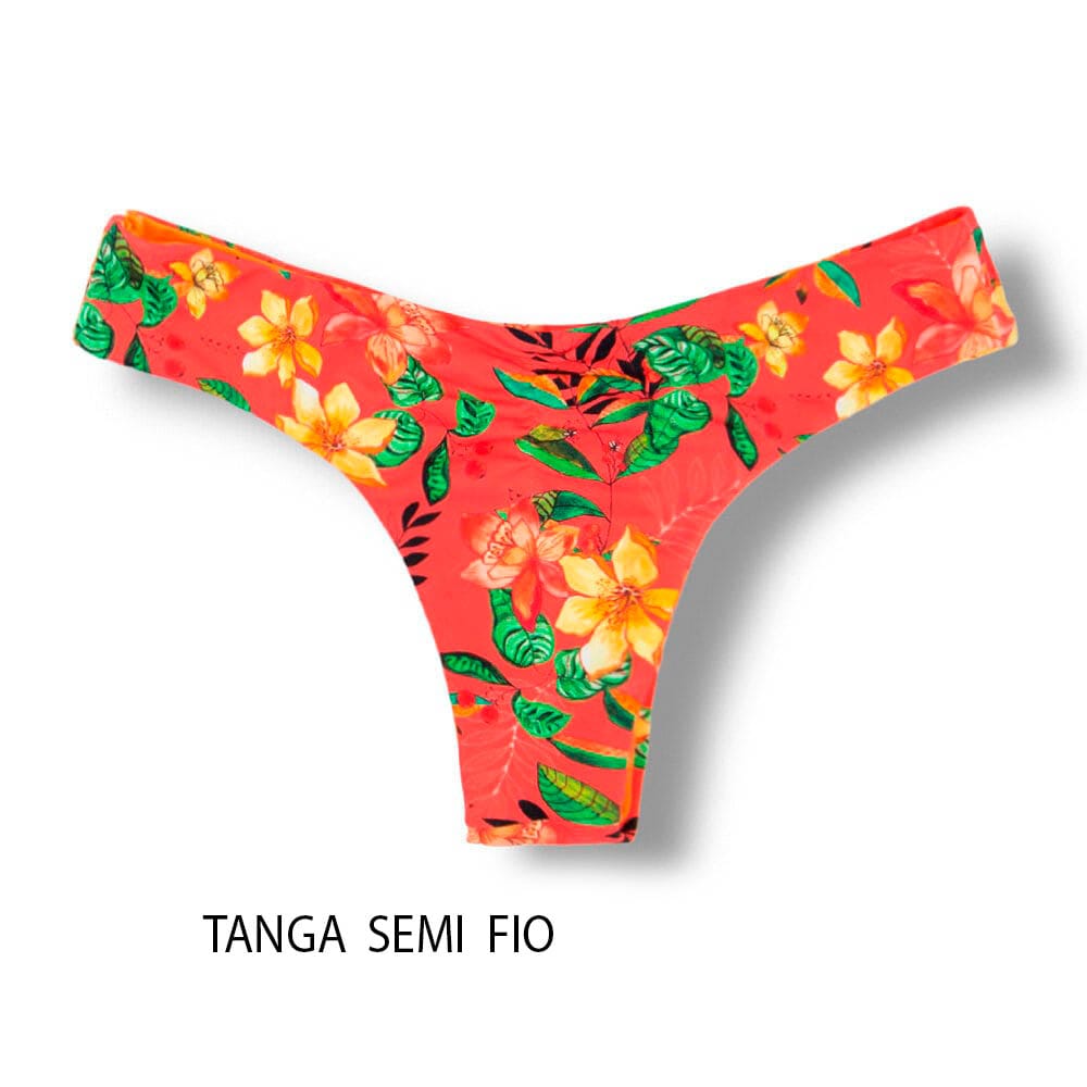 Tanga Isa Floral Coral | Biquíni Estampado | Semi Fio Ripple | Levanta Bumbum | Dupla Face Laranja | Reversível