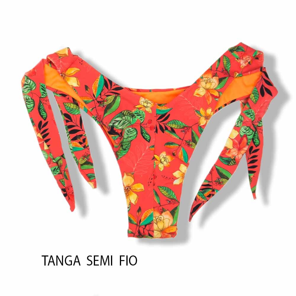 Tanga Mora Floral Coral | Biquíni Estampado Fio Duplo | Empina Bumbum | Amarração Lateral Larga | Detalhe Interno Laranja Neon