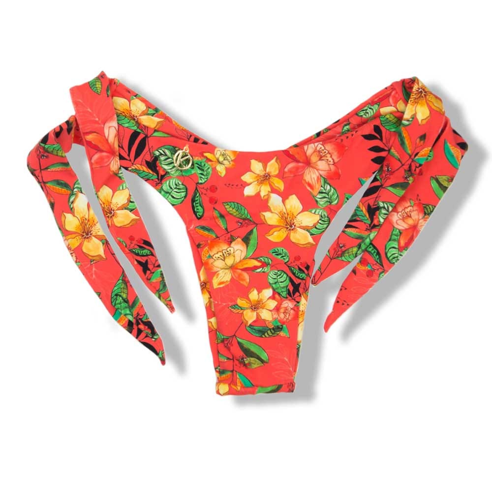 Tanga Mora Floral Coral | Biquíni Estampado Fio Duplo | Empina Bumbum | Amarração Lateral Larga | Detalhe Interno Laranja Neon