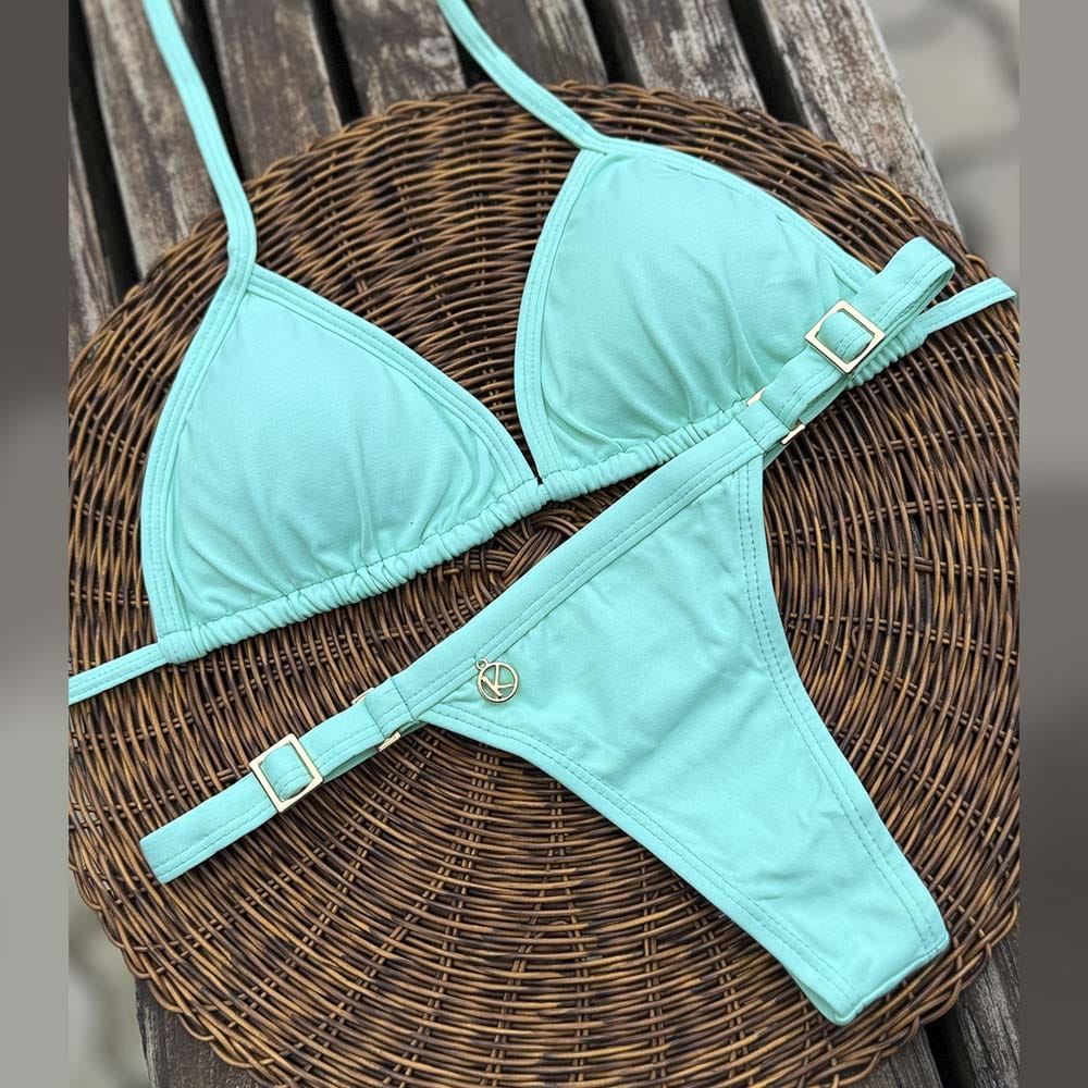 Conjunto de Biquíni Verde Mint | Top Mara + Tanga Fany | Top cortininha com Abertura para Bojo | Tanga Fita que deixa marca de bronze linda