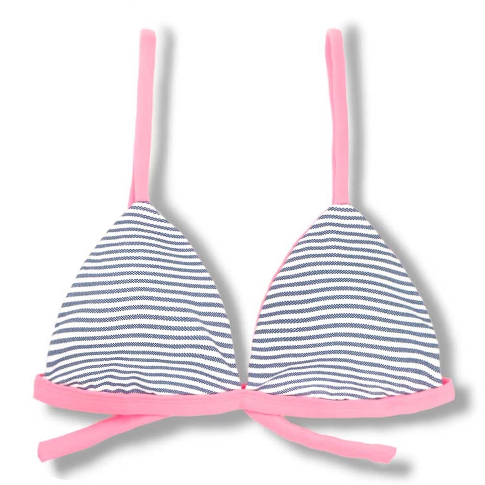 Top Jade Denim | Cortininha Triângulo Fixo | Estilo Sutiã com Amarração nas Costas | Alças com Regulagem | Biquíni Listrado | Detalhes Rosa Iogurte
