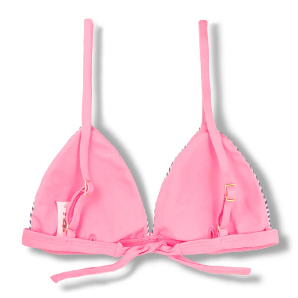 Top Jade Denim | Cortininha Triângulo Fixo | Estilo Sutiã com Amarração nas Costas | Alças com Regulagem | Biquíni Listrado | Detalhes Rosa Iogurte