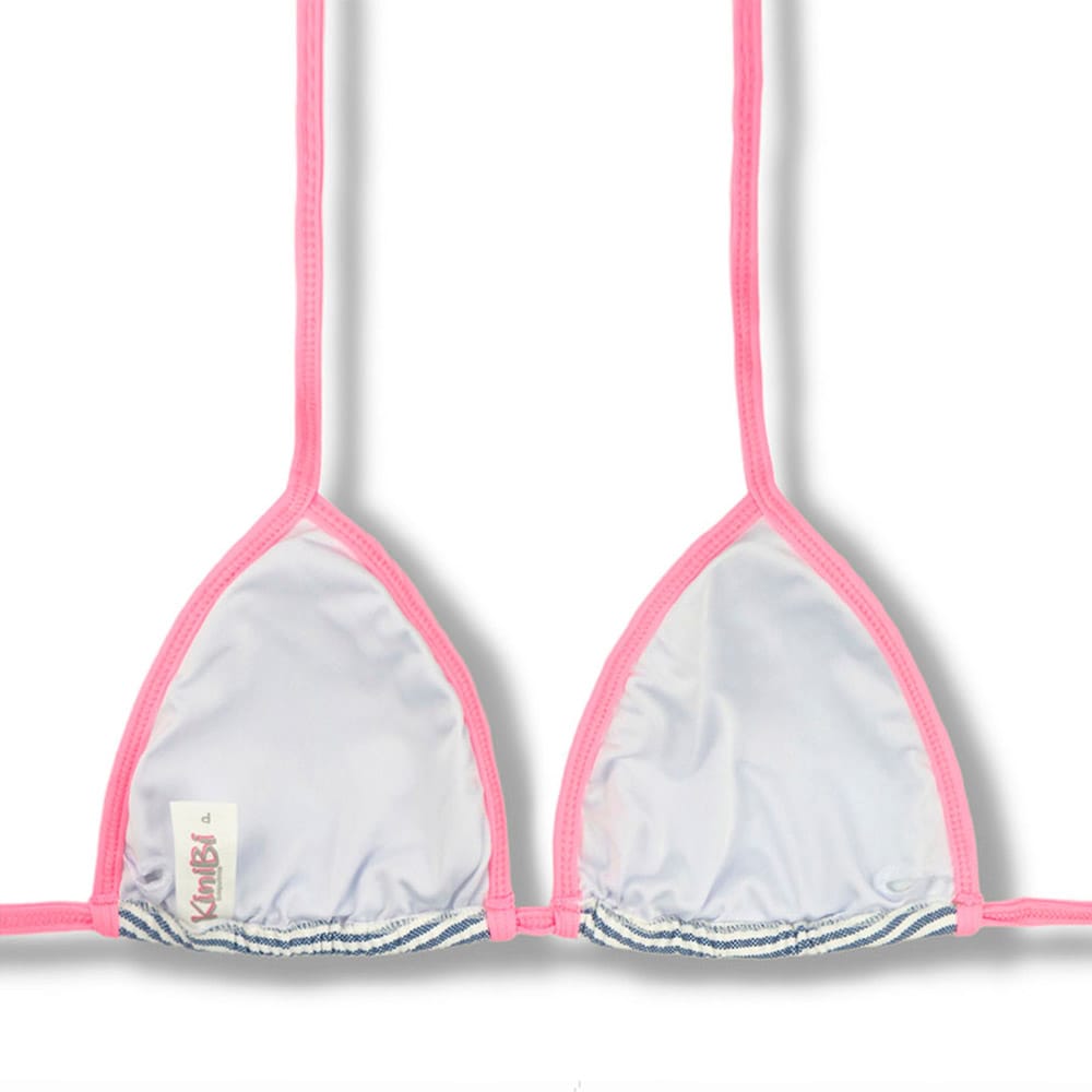 Top Mara Denim | Cortininha com Viés | Amarração nas Costas e Pescoço | Biquíni Listrado | Detalhes Rosa Iogurte