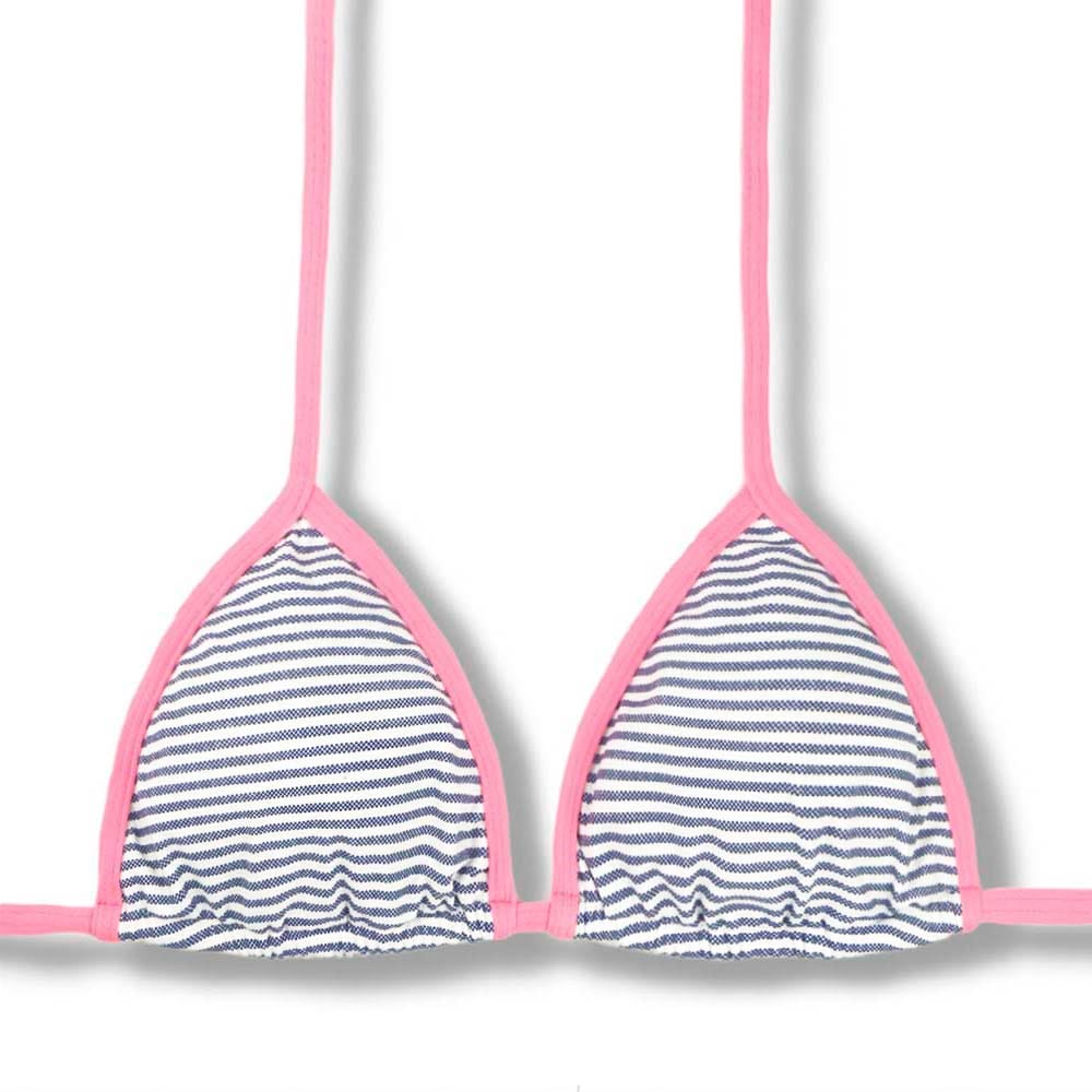 Top Mara Denim | Cortininha com Viés | Amarração nas Costas e Pescoço | Biquíni Listrado | Detalhes Rosa Iogurte