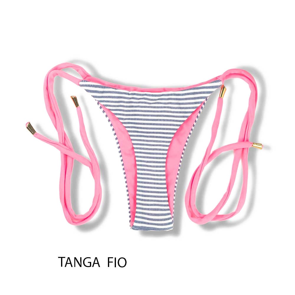 Tanga Cora Denim | Biquíni Listrado Fio Dental com Laço para Amarrar | Dupla Face Rosa Iogurte | Reversível