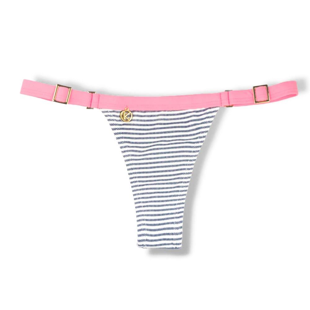 Tanga Fany Denim | Biquíni Listrado Semi Fio Marquinha de Fita | Regulável | Detalhe Rosa Iogurte