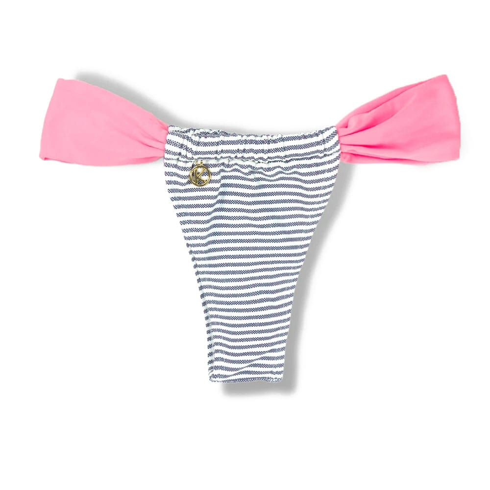 Tanga Gali Denim | Biquíni Listrado | Fio Dental | Cortininha Regulável | Detalhe Rosa Iogurte