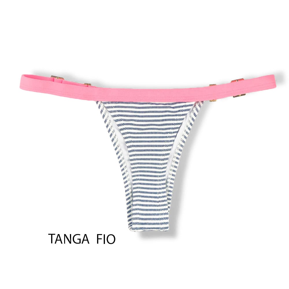 Tanga Fany Denim | Biquíni Listrado Semi Fio Marquinha de Fita | Regulável | Detalhe Rosa Iogurte