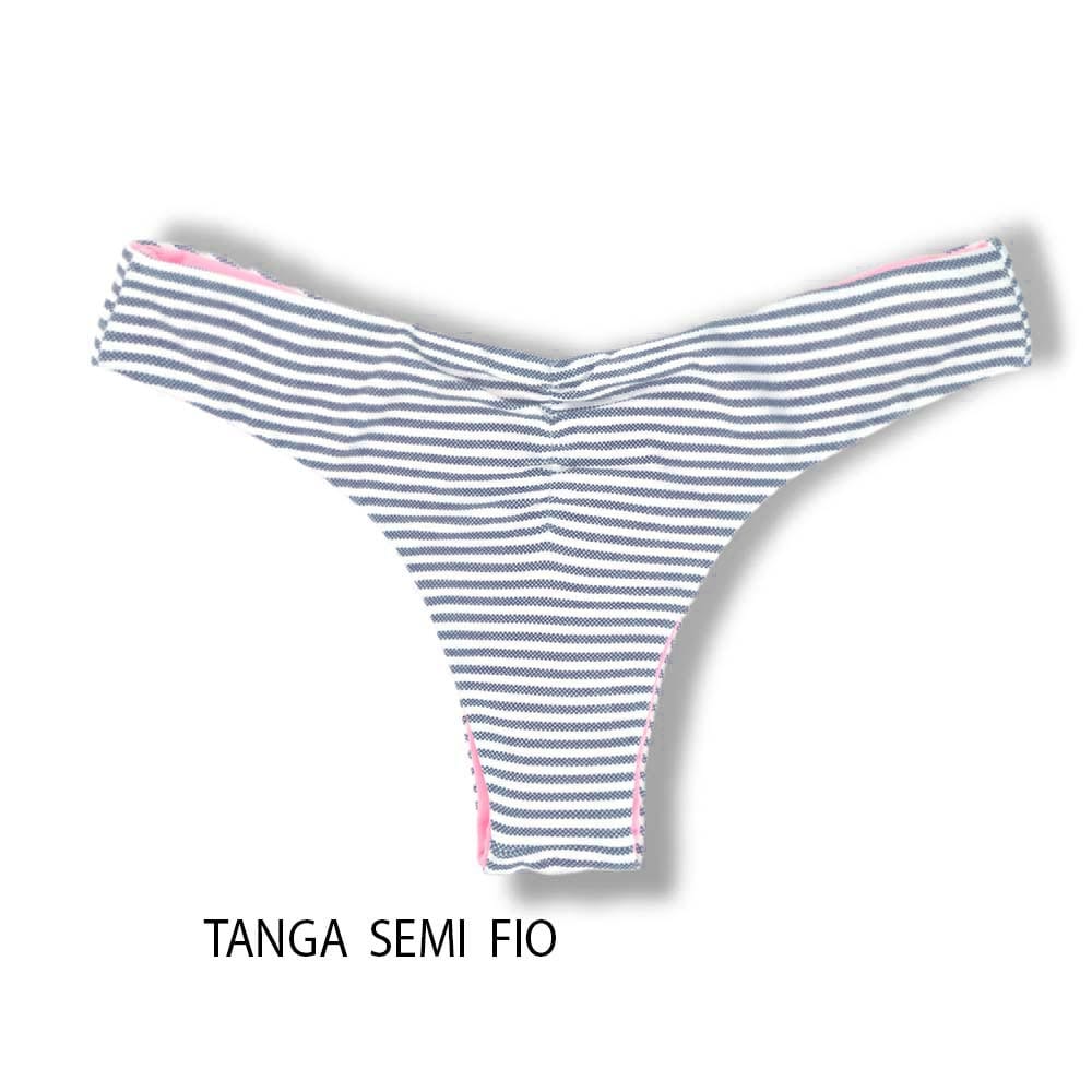 Tanga Isa Denim | Biquíni Listrado Semi Fio Ripple | Levanta Bumbum | Dupla Face Rosa Iogurte | Reversível