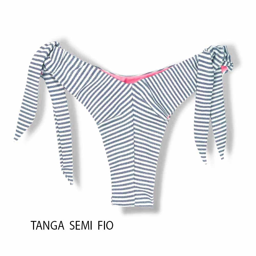 Tanga Mora Denim | Biquíni Listrado Fio Duplo | Empina Bumbum | Amarração Lateral Larga | Detalhe Interno Rosa Iogurte