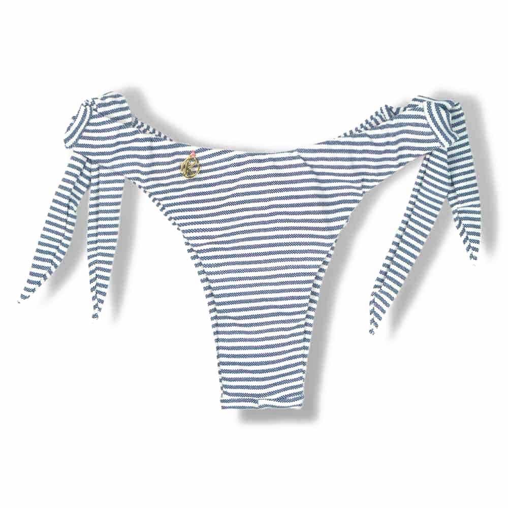 Tanga Mora Denim | Biquíni Listrado Fio Duplo | Empina Bumbum | Amarração Lateral Larga | Detalhe Interno Rosa Iogurte