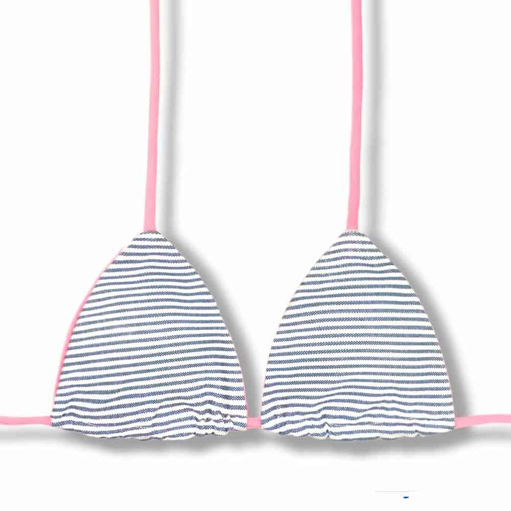 Top Lua Denim | Cortininha com Bojo | Dupla Face Rosa Iogurte | Reversível | Amarração nas Costas e Pescoço | Biquíni Listrado