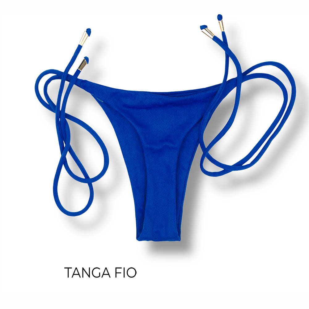 Tanga Cora Azul Cobalto | Biquíni Liso Fio Dental com Laço para Amarrar | Dupla Face Azul Cobalto | Reversível